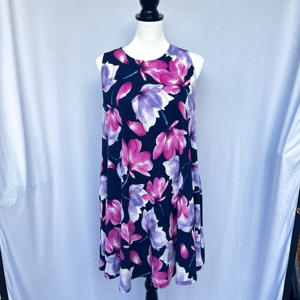 MTS Floral Print Shift Tunic Style Navy Pink Purple Mini Dress Top Ladies M/L